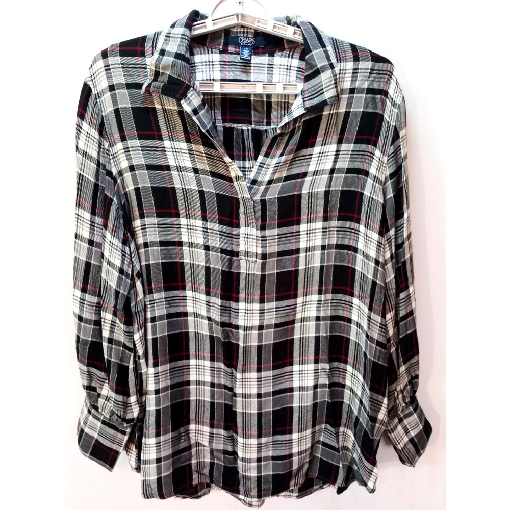 Chaps Women's Popover Flannel Shirt, Large, Black White Red Plaid